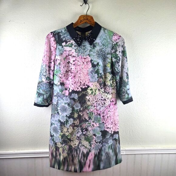 Women's Ted Baker Jacen Floral Print Dress with Beaded Collar Size 3/Medium - Picture 1 of 11